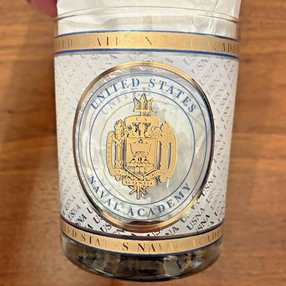 United States Naval Academy Glass Cup Gold Seal Trim Blue USNA Militaria 4in